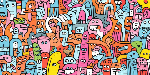 Fototapeta na wymiar Whimsical Fusion: Abstract and colorful shapes converge in playful doodles, forming a vibrant and expressive illustration of an imaginative and lively face