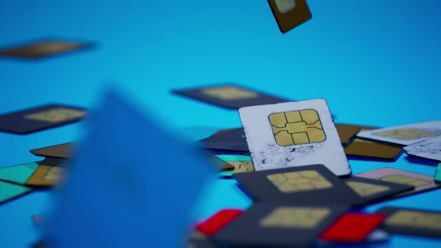 many sim cards for mobile phone falling down on blue background. Drop on the floor 4k animation