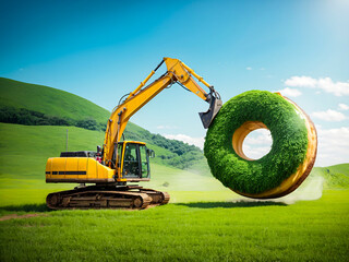 an excavator carrying a large donut on a green plain amidst nature