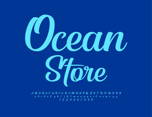 Vector advertising poster Ocean Store. Blue Calligraphic Font. Trendy Alphabet Letters and Numbers.