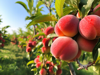 Close-up peach fruits in the farm that are lush and ready to harvest. The daytime atmosphere is bright and fresh
