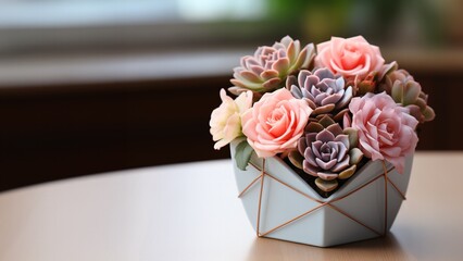 Elegant arrangement of artificial pink roses and succulents in a modern geometric white vase on a wooden surface with a blurred background