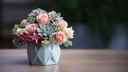 A pastel-colored bouquet of roses and succulents in a geometric white vase on a wooden table with a blurred background - obrazy, fototapety, plakaty