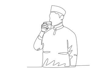 A man breaks his fast. Ramadan one-line drawing
