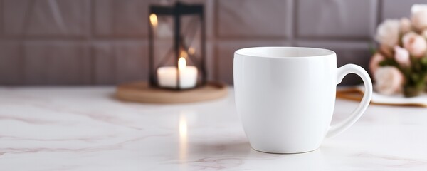 Fototapeta na wymiar A clean white coffee mug on a marble countertop with a background of softly lit candles and blurred flowers