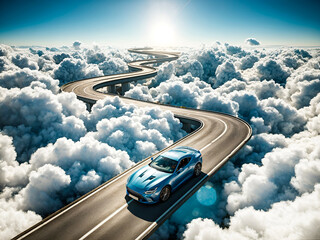 A car driving on a winding road between the clouds, indicating the concept of the difficulty of...