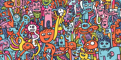 Whimsical Fusion: Abstract and colorful shapes converge in playful doodles, forming a vibrant and expressive illustration of an imaginative and lively face