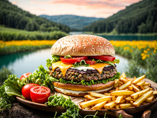 a giant burger with french fries, nestled in the embrace of nature