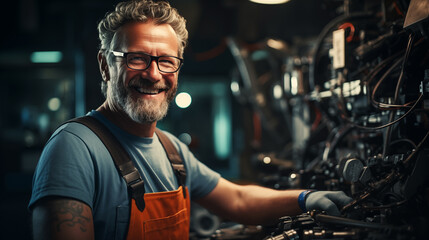 Obraz premium Portrait of senior mechanic repairing machine units in workshop of modern factory