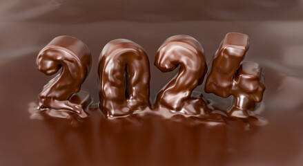 3d render inscription 2024 is made of melted chocolate