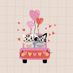 Vector drawing with cats in a car with balloons. Suitable for printing on T-shirts, Valentine's Day cards, etc.