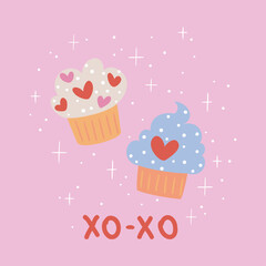 Vector drawing with two cupcakes and inscription. Suitable for printing on T-shirts, Valentine's Day cards, etc.
