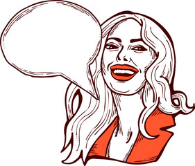 Beautiful young woman talk. Empty speech bubble for sale promotion, text background, quotes. Hand drawn illustration, cartoon comic style vector.