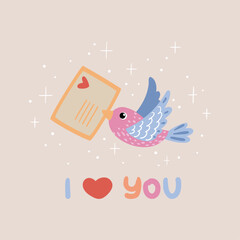 Vector drawing with a bird with a postal letter and inscriptions. Suitable for printing on T-shirts, Valentine's Day cards, etc.