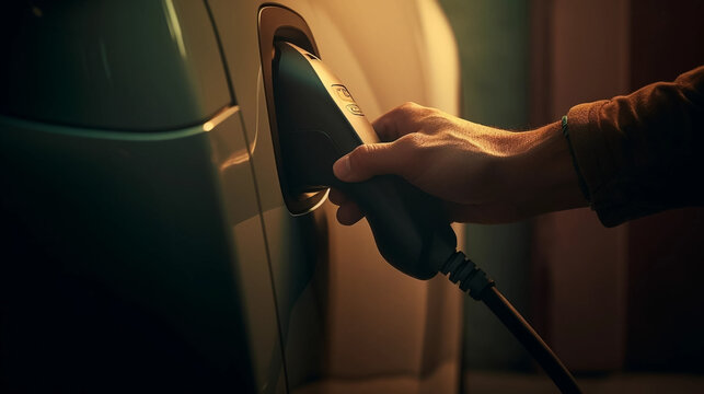 copy space, stockphoto, close up of a hand putting electic charging socket in an electrical car. Environment friendly energy. Zero emission. Ecological energy and transport. Charging an electrical car