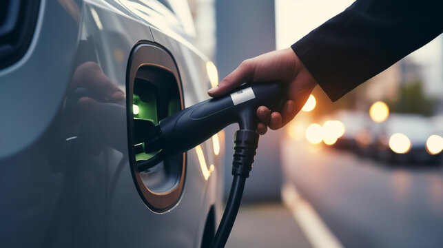 copy space, stockphoto, close up of a hand putting electic charging socket in an electrical car. Environment friendly energy. Zero emission. Ecological energy and transport. Charging an electrical car
