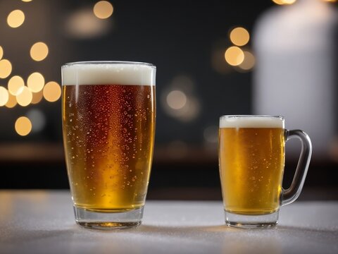 Golden beer mug and glass filled with cold lager, topped with frothy foam, isolated on a white background