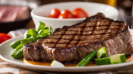 Grilled beef steak on a white plate. Eat with red wine, herbs, spices, salt, rosemary, pepper. Enjoy of eating. Deliciousness and perfect taste