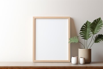 Fototapeta na wymiar Empty wooden picture frame mockup on table leaning on the white wall with a green plant.