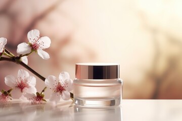 Empty white cosmetic cream jar with cherry blossoms Presenting luxury skincare products Beauty and spa mockup template.