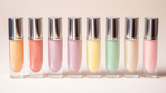 Different shades of lip gloss, Product photography Cosmetics Makeup.