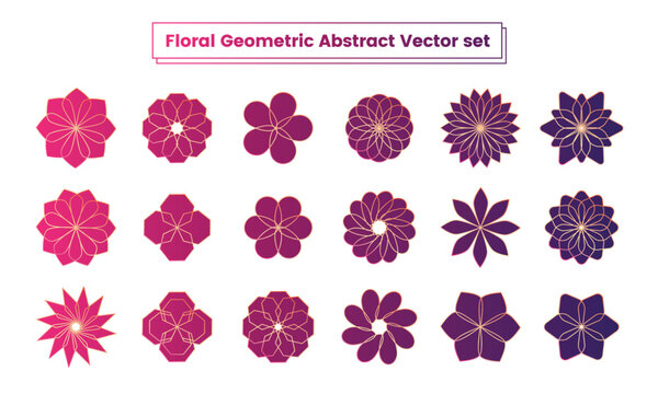 nature flower shapes line elements sticker gradient flat unique forms figure icon labels vector set radial floral bloom geometric abstract vector set