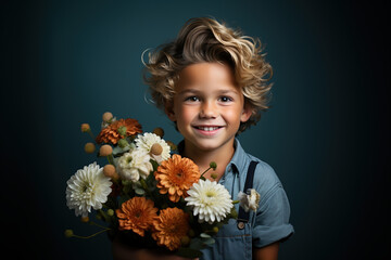  Smiling elementary school pupil boy with bouquet of flowers look into camera. Congratulation gift on Mothers or International Women's Day. Portrait of little young gentleman kid on blue background