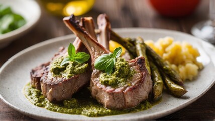 Ribs, lamb chops, steak, blurred background cooked with pesto sauce and herbs on a round white plate. It's a special meal. Cooked with side dishes. Deliciousness and perfect taste - obrazy, fototapety, plakaty