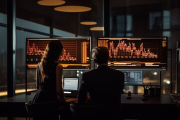 Obraz premium A man and a woman sitting in front of computer monitors