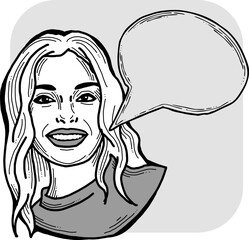 Beautiful young woman talk. Empty speech bubble for sale promotion, text background, quotes. Hand drawn illustration, cartoon comic style vector.