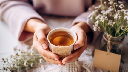 top view of woman's hands holding a cup of herbal tea, mental health, relaxation,  international women's day, mothers day, anniversary morning - obrazy, fototapety, plakaty