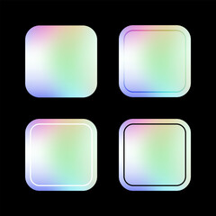 Holographic stickers. Set of hologram tag labels, iridescent foil badge stickers rounded square shape with plain, overlay, white and black border line. Sticker mockup template. Vector illustration.