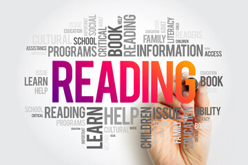 Reading word cloud collage, education concept background