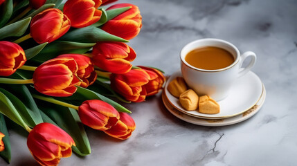 Fototapeta na wymiar close up of tulip bouquet and cup of coffee on the marble table