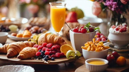 close-up of breakfast table with a plate full of various fruits and croissants fand fresh orange juice in the glass,  international women's day, mothers day, anniversary morning