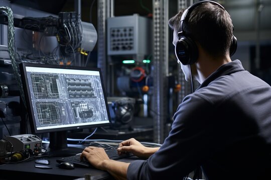 Engineer analyzing vibrations in a vehicle prototype, Automotive testing facility, specialized equipment, Automotive and engineering
