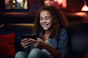 A young girl sitting on a couch looking at a cell phone