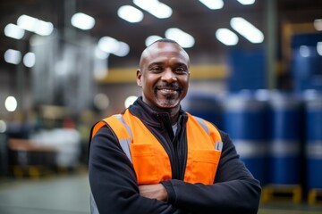 Fototapeta premium A modern large factory with containers in the background, one worker with a hard hat on their head with his arms folded confidently looking at us and smiling