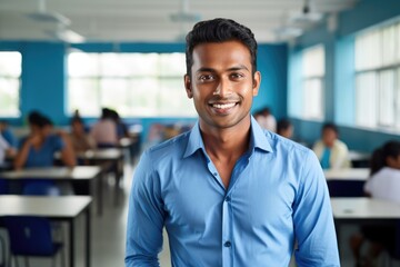 Fototapeta premium A man in a blue shirt standing in a classroom