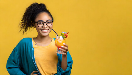 black girl smiling having a cocktail, yellow copy space