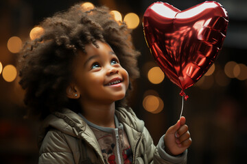 African boy holding a heart shape balloon during Valentine's day - obrazy, fototapety, plakaty
