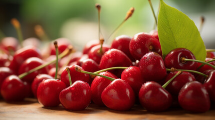 Pile of fresh red cherries with soft focus background, AI Generated