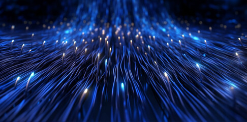 Glowing blue and orange strands of fiber optic cables, led lights illustrating digital connectivity. - obrazy, fototapety, plakaty