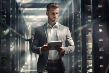 Fototapeta premium A man standing in a server room holding a tablet