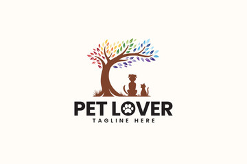 pet care lover logo design with dog and cat under the tree concept