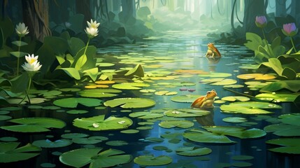 A tranquil pond covered in lily pads, with a frog perched on one of them. - obrazy, fototapety, plakaty