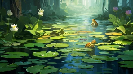 Fotobehang A tranquil pond covered in lily pads, with a frog perched on one of them. © baseer