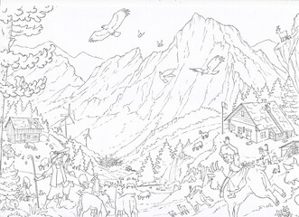 Heidi auf der Alm, zum Ausmalen, Illustration