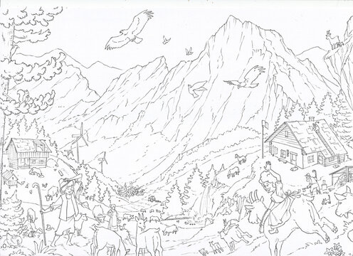 Heidi auf der Alm, zum Ausmalen, Illustration
