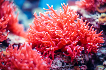 Naklejka na ściany i meble Red coral in the sea. Underwater photo of beautiful coral.